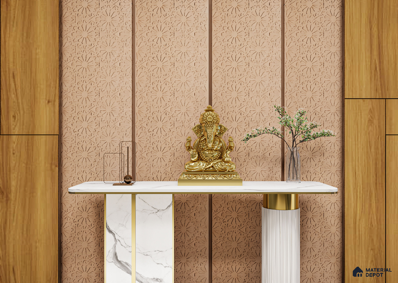 Traditional Pooja Space with Floral Cut Panels and Golden Ganesh Idol | Material Depot