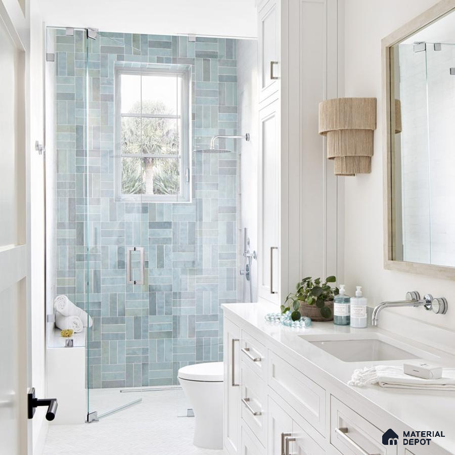 Tranquil Oasis White Serenity with Mosaic Blue Shower Tiles | Material Depot