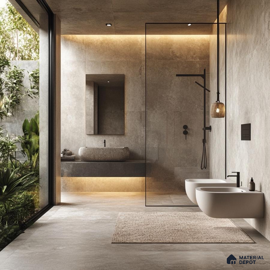 Tranquil Spa-Like Bathroom with Natural Light and Serene Greenery | Material Depot