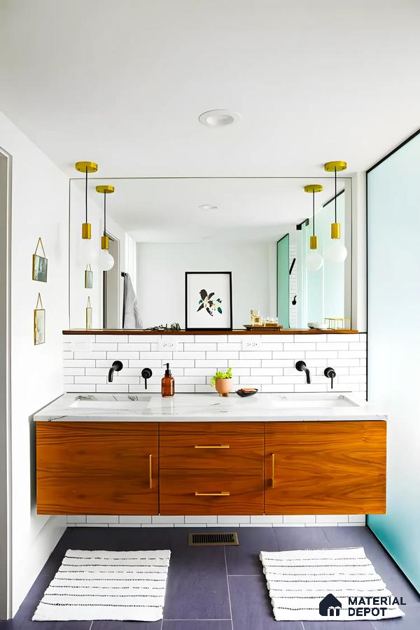Trendy Bathroom With Subway Tile Backsplash And Brass Hardware | Material Depot