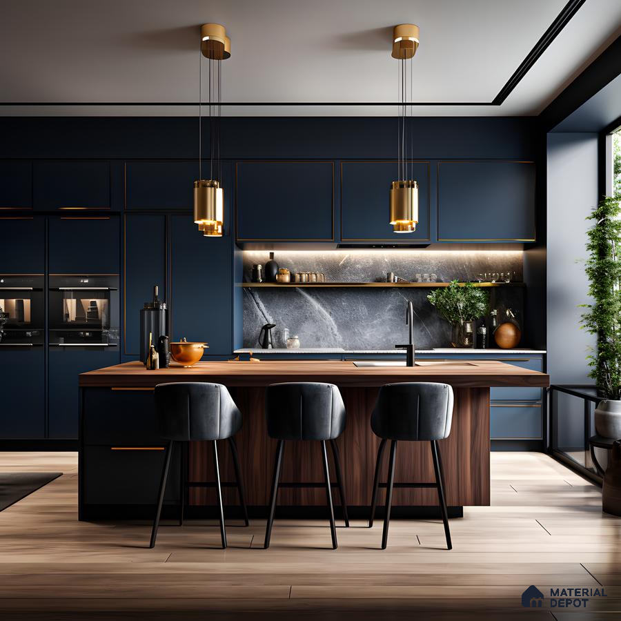 Trendy Kitchen With Matte Blue Cabinets | Material Depot
