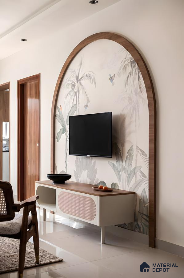 Tropical Arch-Backed Tv Unit Design With Cane And Wood Accents In A Boho-Modern Living Room | Material Depot