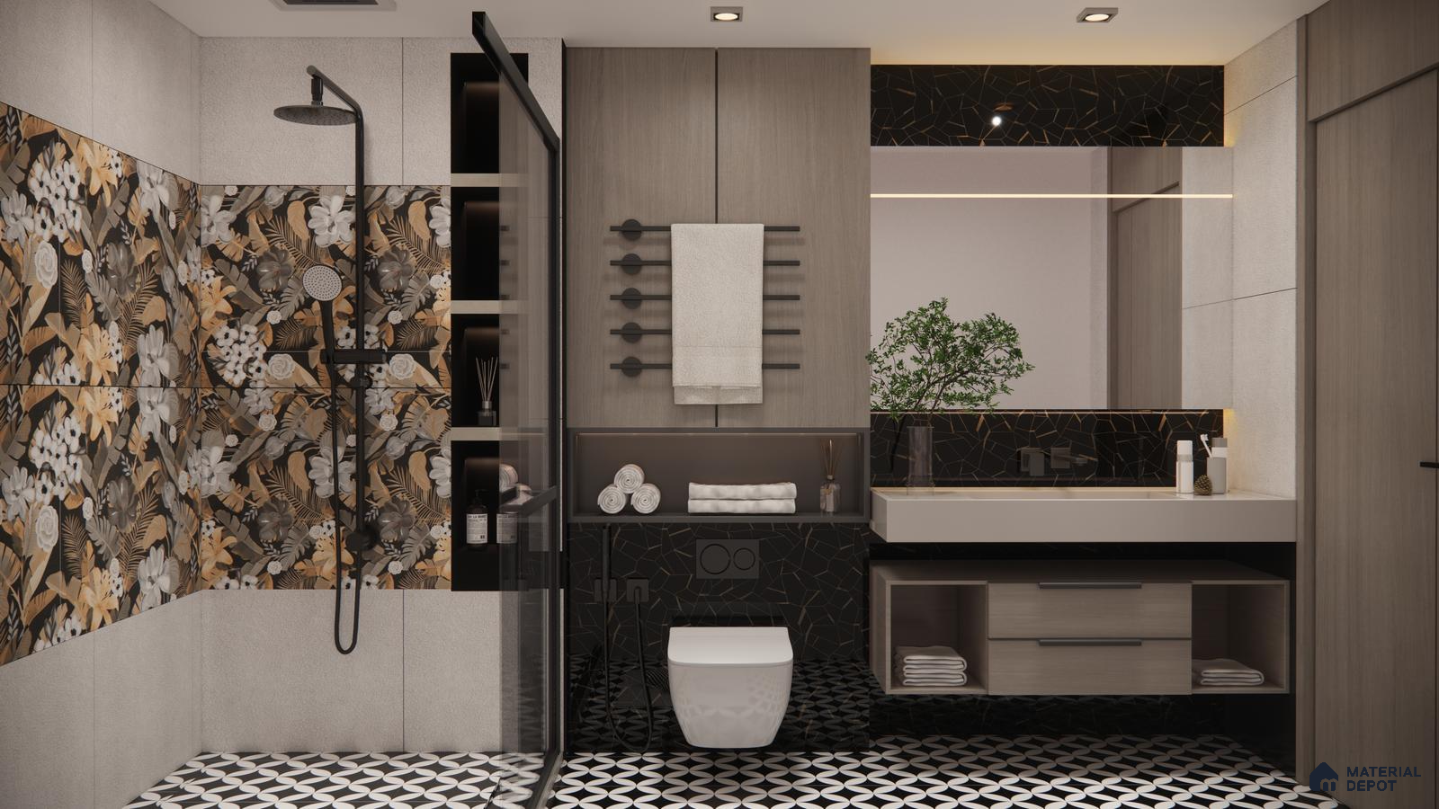 Luxurious Floral Themed Bathroom with Black and Gold Accents | Material Depot