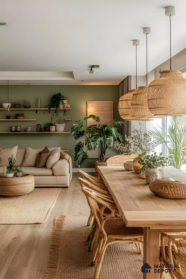 Tropical Bohemian Living Room: Dark Wood Tv Console With Woven Rattan Wall Art And Lush Greenery | Material Depot