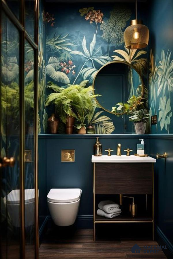 Tropical Botanical Powder Room with Dark Tones and Brass Accents | Material Depot