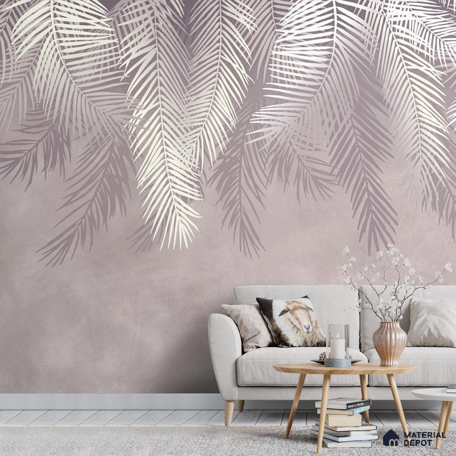 A close-up of a Hanging Tropical Leaves Wallpaper Design Indrani Series Soft Feel Tropical Design (Customised Size Wallpaper )available at Material Depot in Bangalore