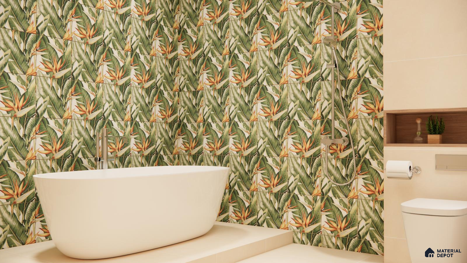 Tropical Leaf Print Bathroom with Freestanding Bathtub and Bird of Paradise Tiles | Material Depot