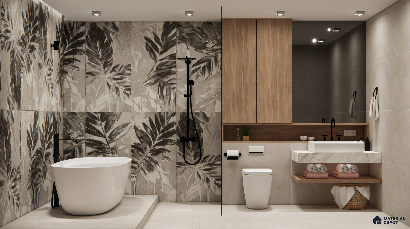 Tropical Oasis Bathroom with Monochrome Botanical Tiles | Material Depot
