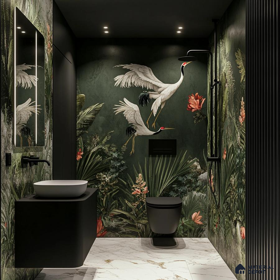 Tropical Paradise: Bold and Artistic Bathroom with Exotic Bird Mural and Botanical Themes | Material Depot
