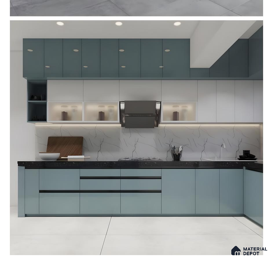Two-Tone Glossy Kitchen With Sky Blue And White Cabinets & Marble Backsplash | Material Depot