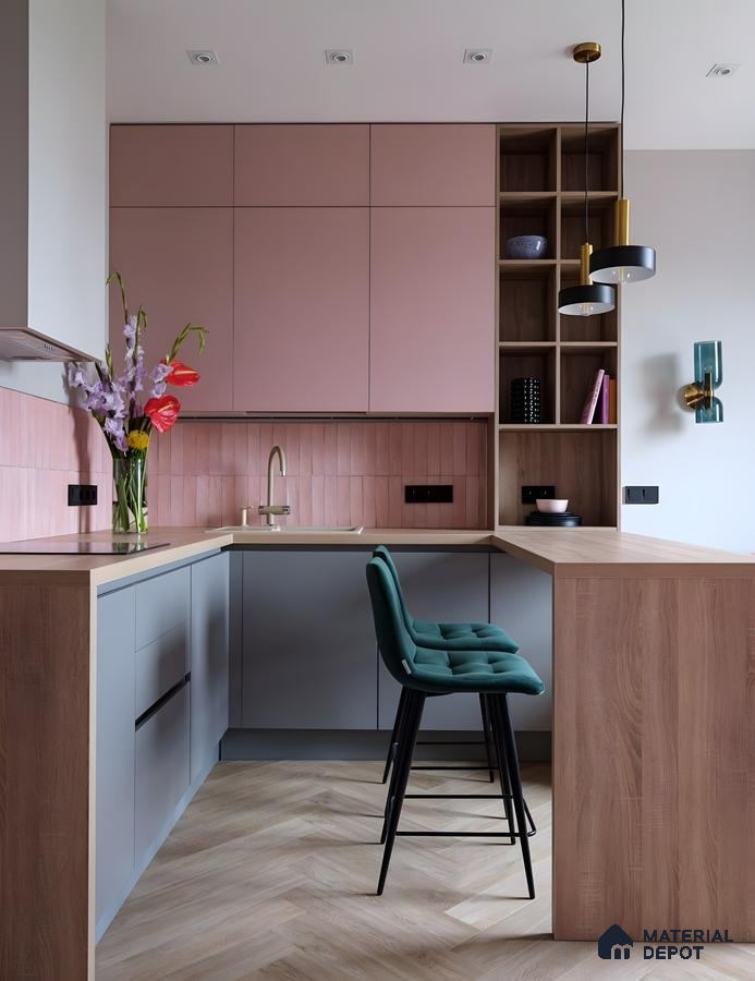 Two-Tone Pink And Grey Kitchen With Wood Accents And Vertical Subway Backsplash | Material Depot