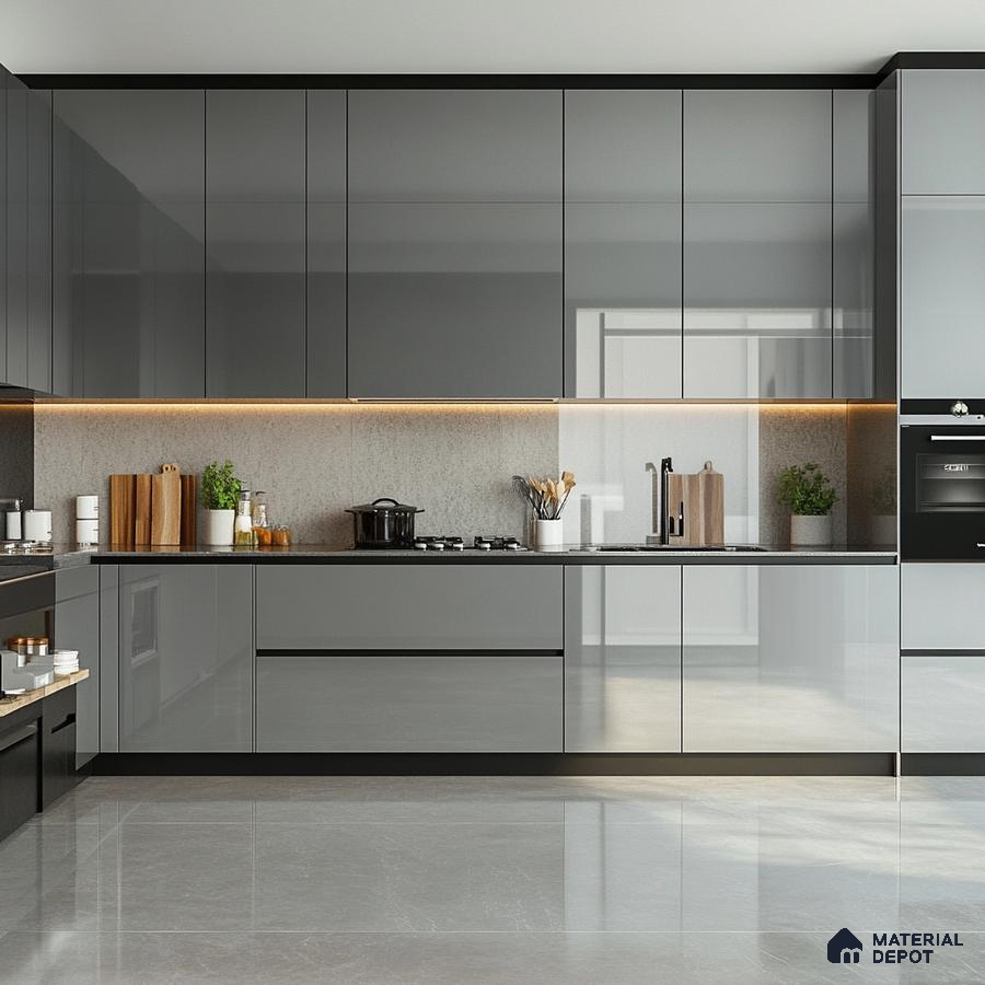 Ultra-Modern Gray Kitchen with Reflective Surfaces and Sophisticated Lighting | Material Depot