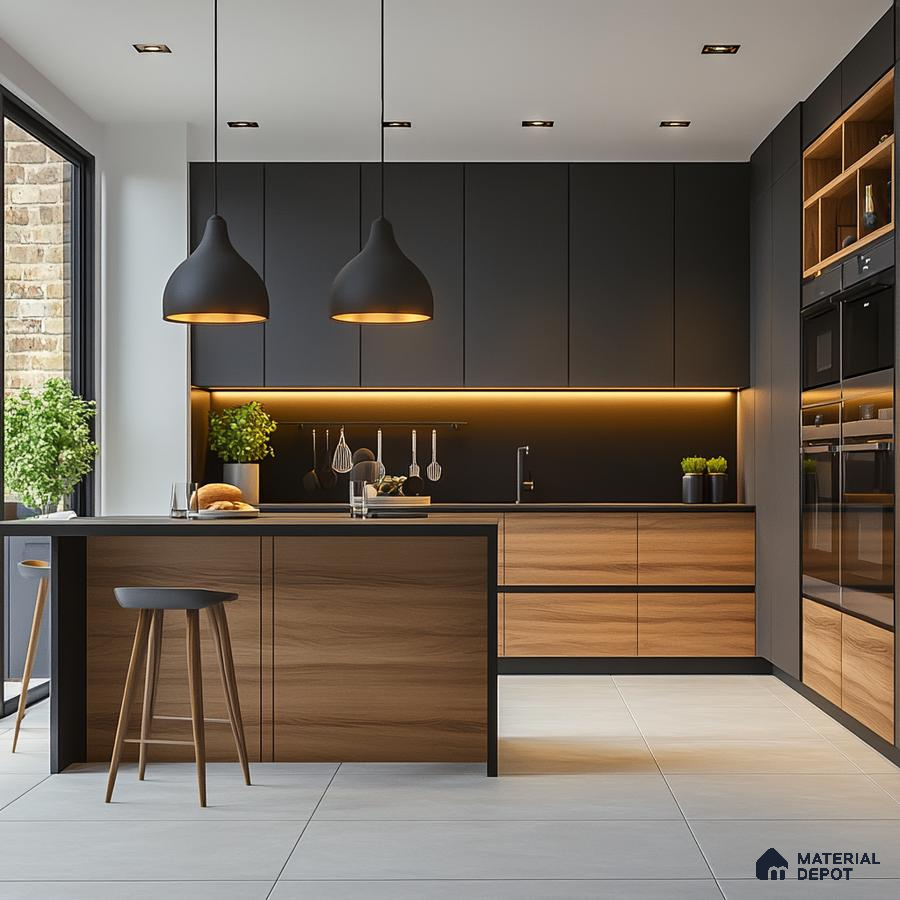 Understated Elegance: Modern Kitchen Design Blending Dark Tones with Natural Wood Elements | Material Depot