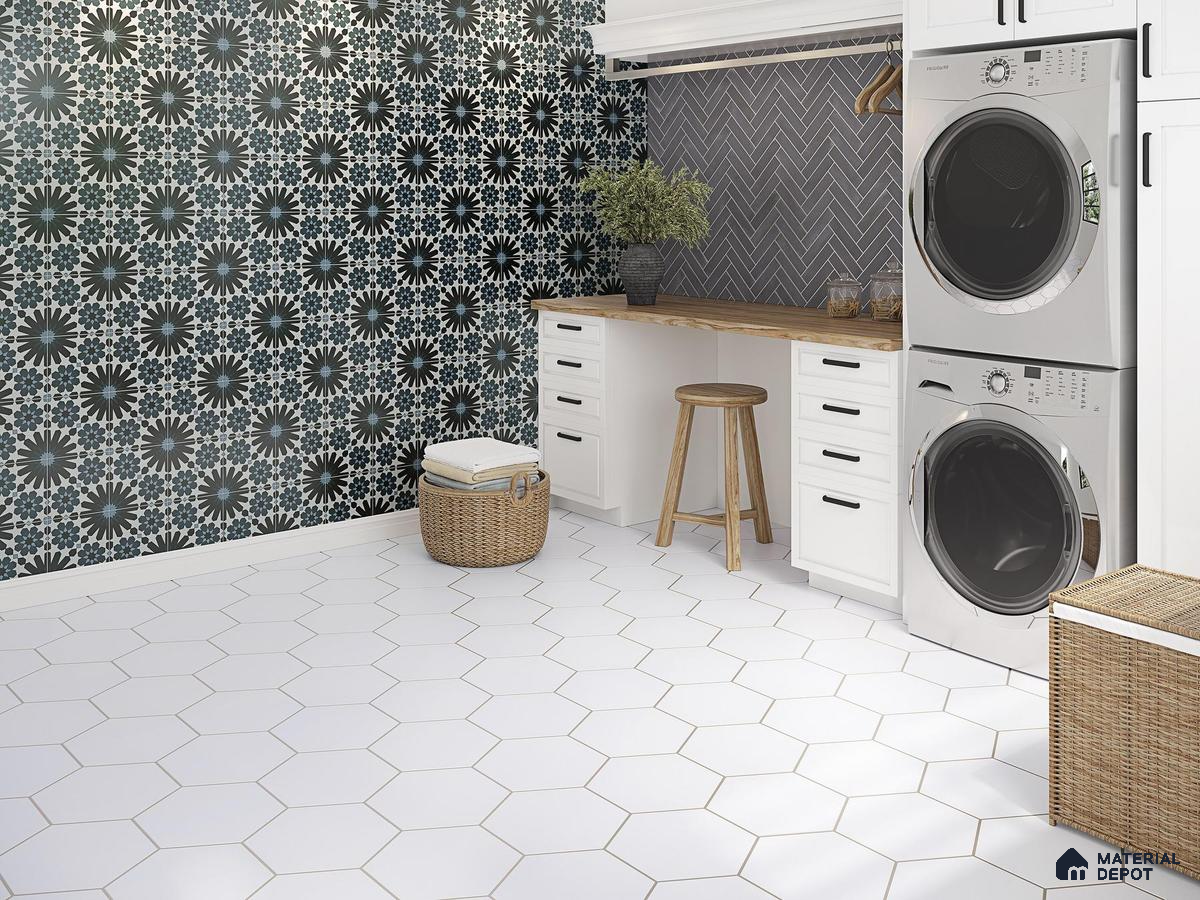Laundry room with patterned tile and hexagonal floor tile