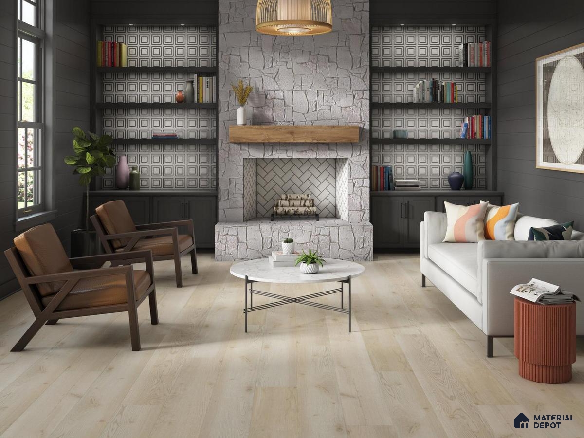 Living room with patterned tiles and beige laminate wooden flooring