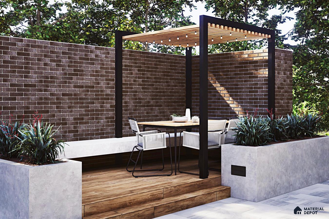Outdoor space with stone tiles and wooden flooring