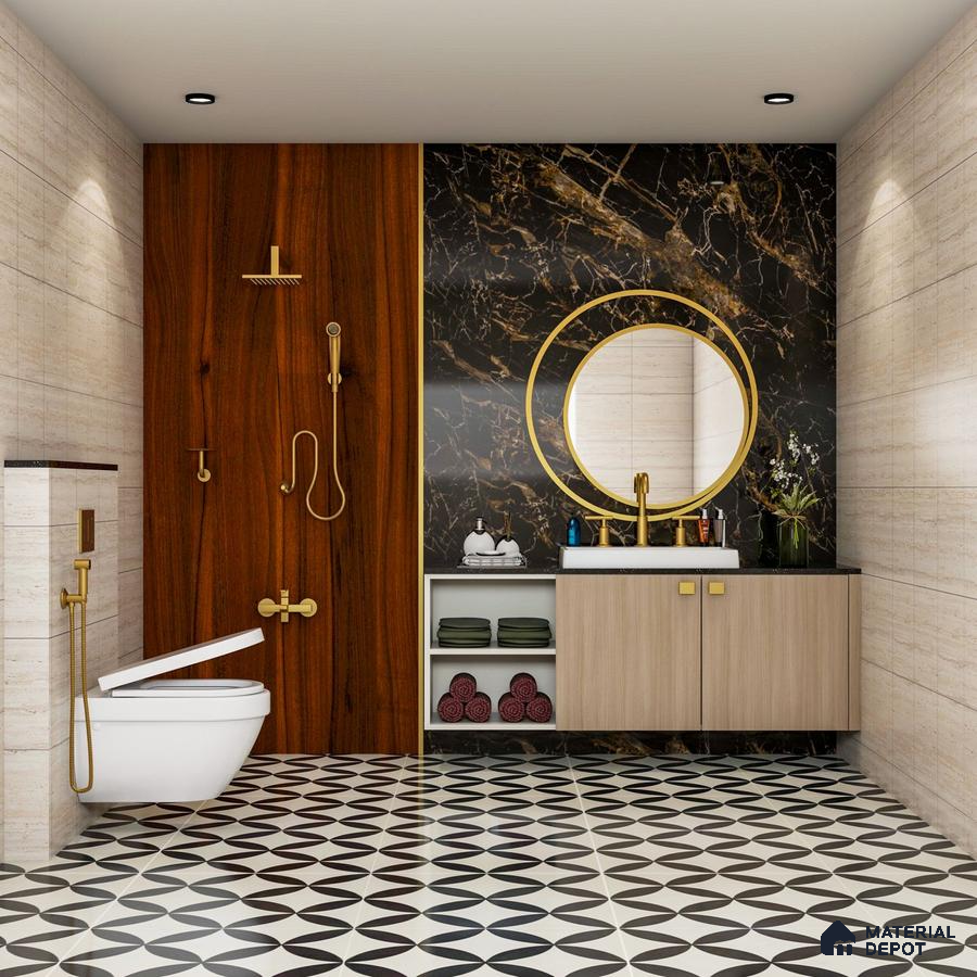 Bathroom with black marble wall tiles and wooden laminate cabin shelf