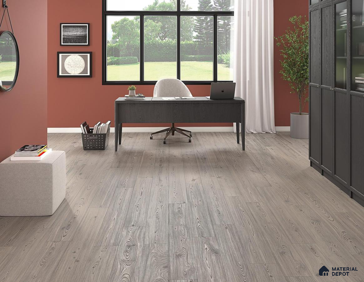 Study room with pastel painted wall and wooden floor