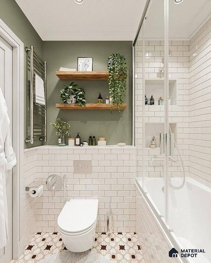 Urban Botanical Bathroom with Olive Green and Floral Motif Accents | Material Depot