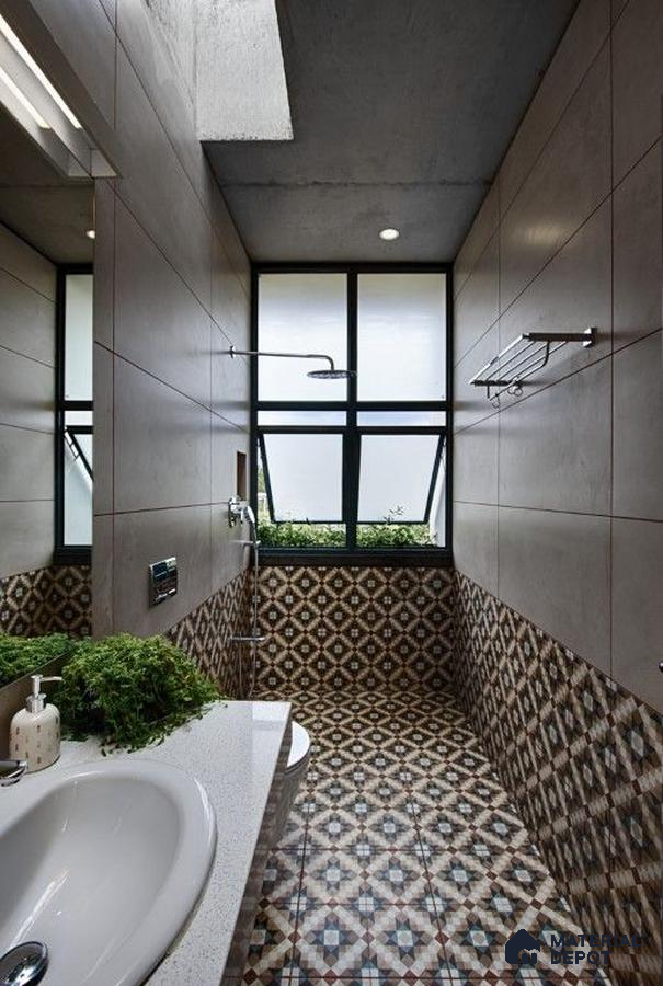 Urban Oasis: Sleek Modern Bathroom with Industrial Elements and Patterned Tile Accents | Material Depot
