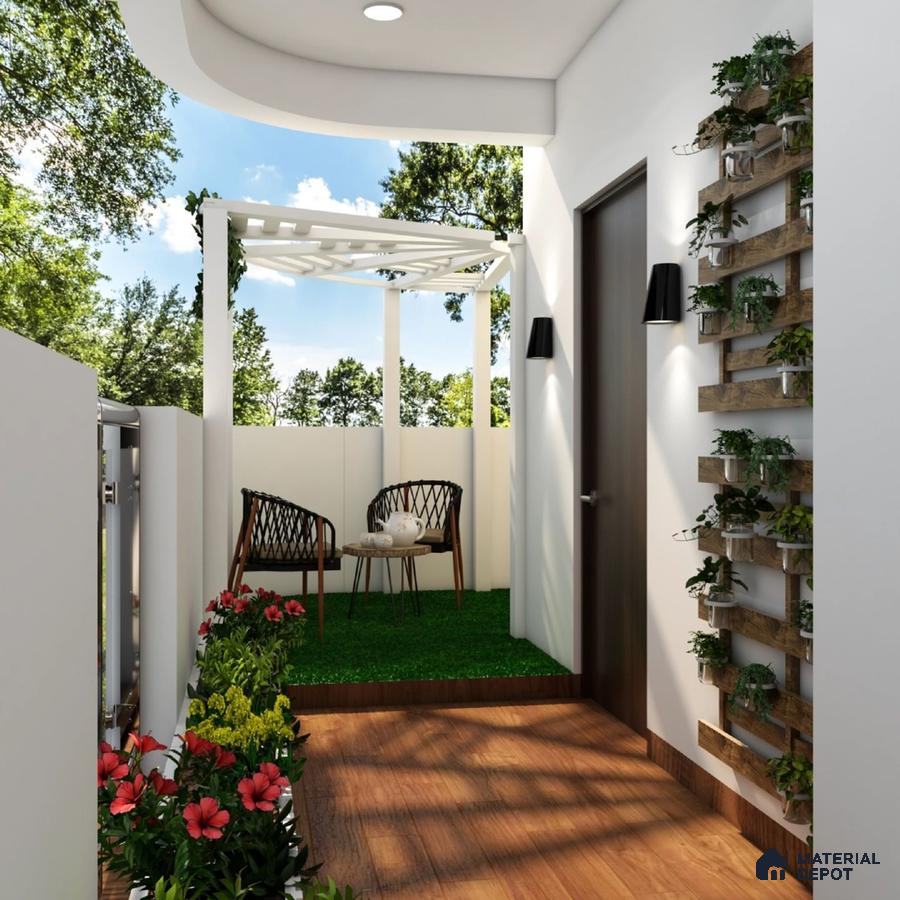 Modern balcony with white pergola and wall-mounted planters.