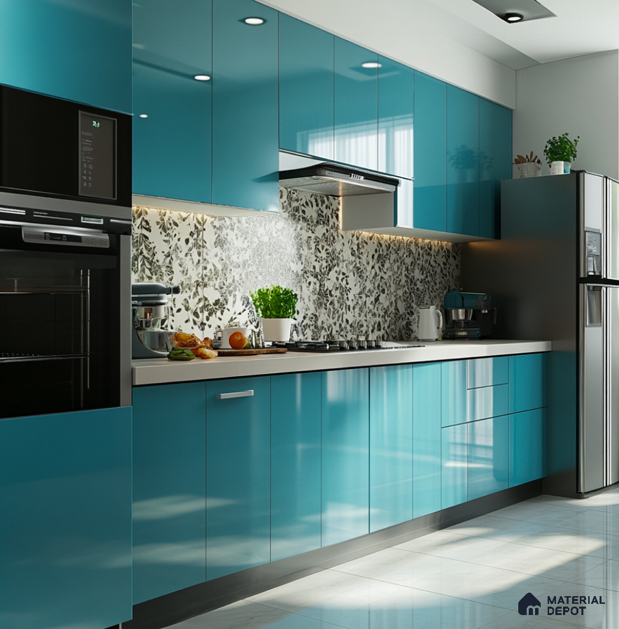 Vibrant Aqua Blue Glossy Solid Laminate Kitchen with Floral Backsplash | Material Depot