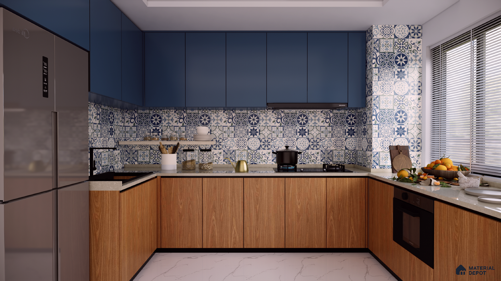 Vibrant Kitchen with Blue Cabinets and Moroccan Tile Backsplash | Material Depot
