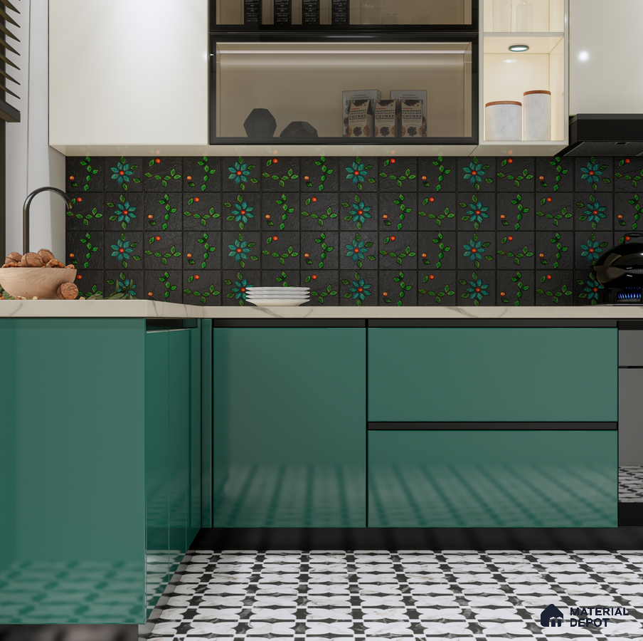 Vibrant Kitchen with Green Cabinets and Floral Patterned Backsplash | Material Depot