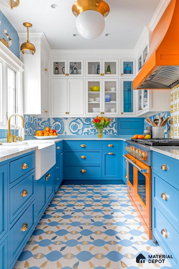 Vibrant Mediterranean Kitchen with Blue and Orange Accents | Material Depot