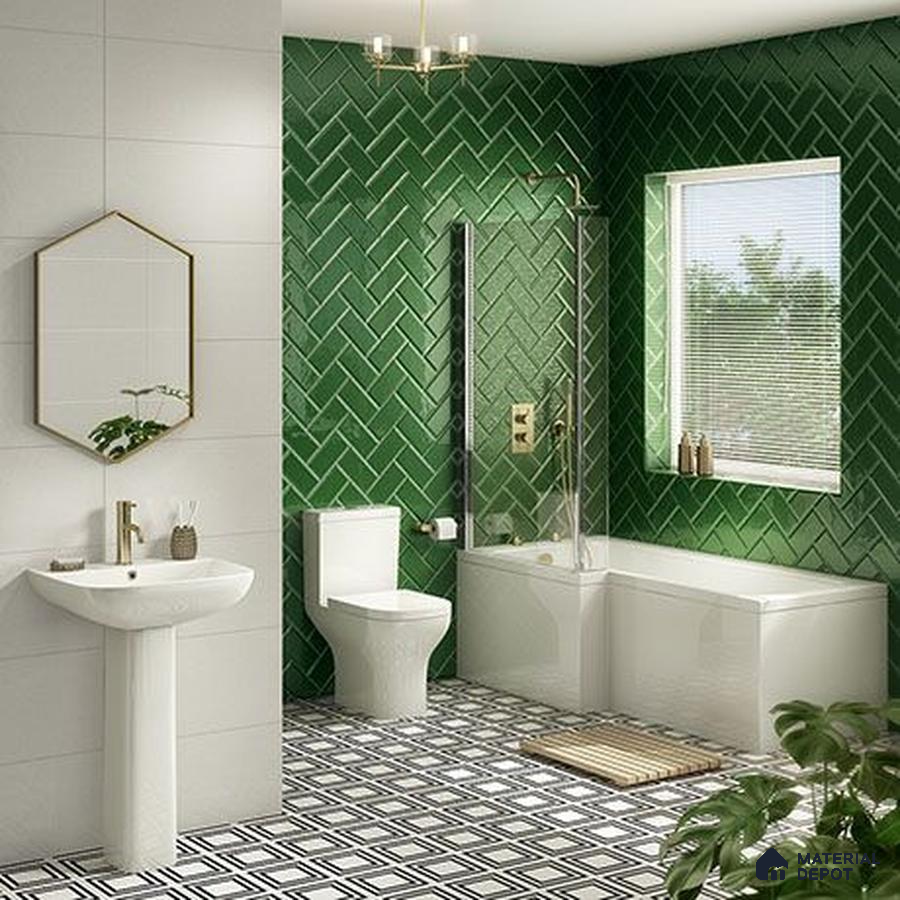 Vibrant Sanctuary: Refreshing Green Herringbone Tiles in a Bright and Airy Bathroom | Material Depot