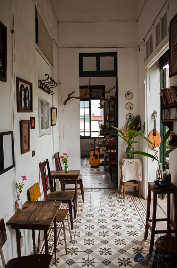 Vintage Cafe Interior with Patterned Floor Tiles | Material Depot