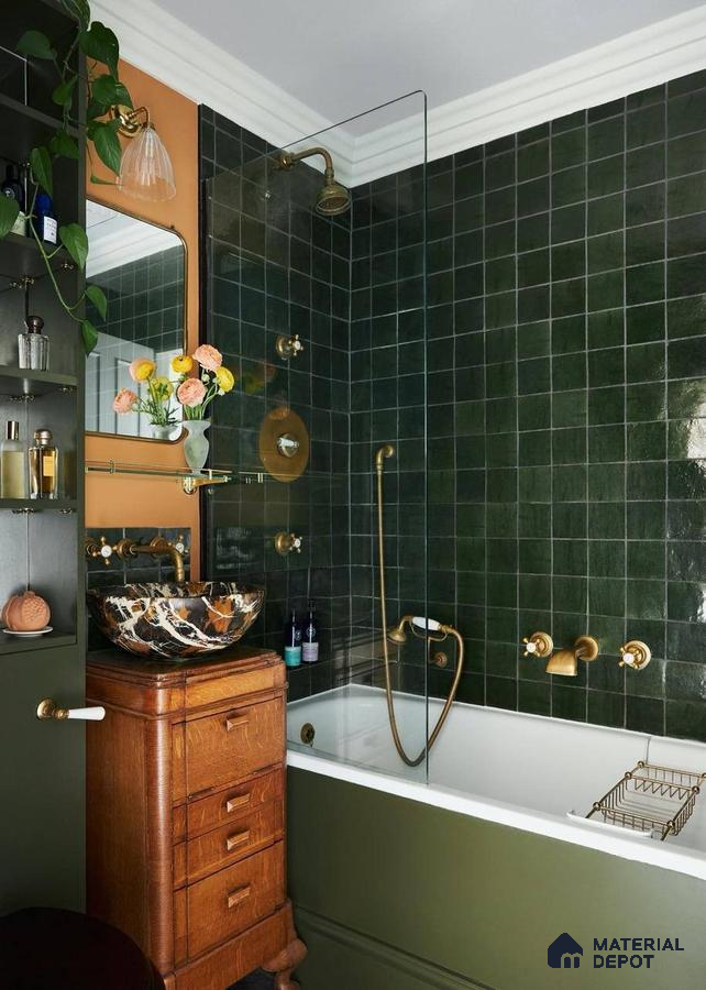 Vintage Charm Meets Modern Luxury in a Forest Green and Gold Bathroom | Material Depot