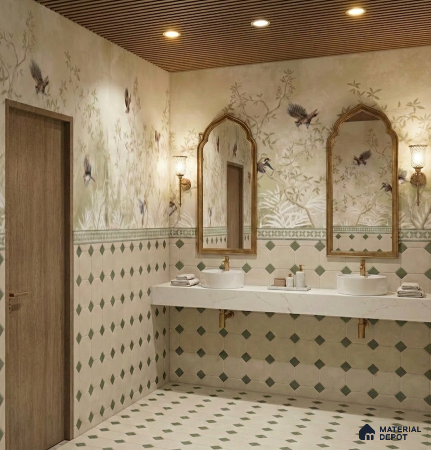 Vintage Floral Wallpaper Bathroom with Sage Diamond Tiles and Arched Mirrors