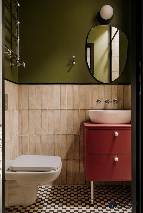 Vintage Vibes: A Chic Bathroom Mixing Earthy Green Walls with Retro Tile Patterns | Material Depot