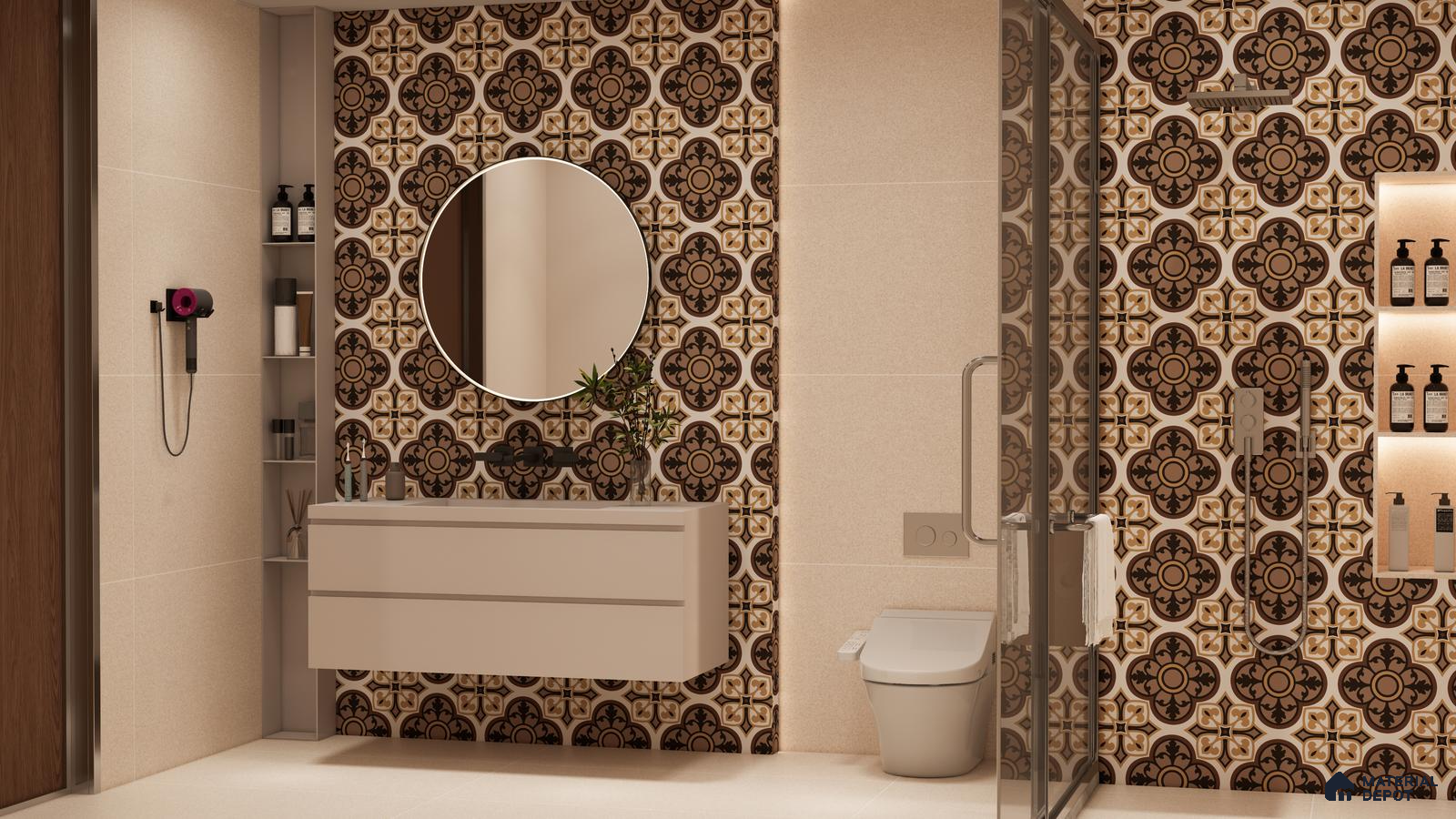 Vintage-Inspired Bathroom with Bold Brown and Beige Patterned Tiles | Material Depot