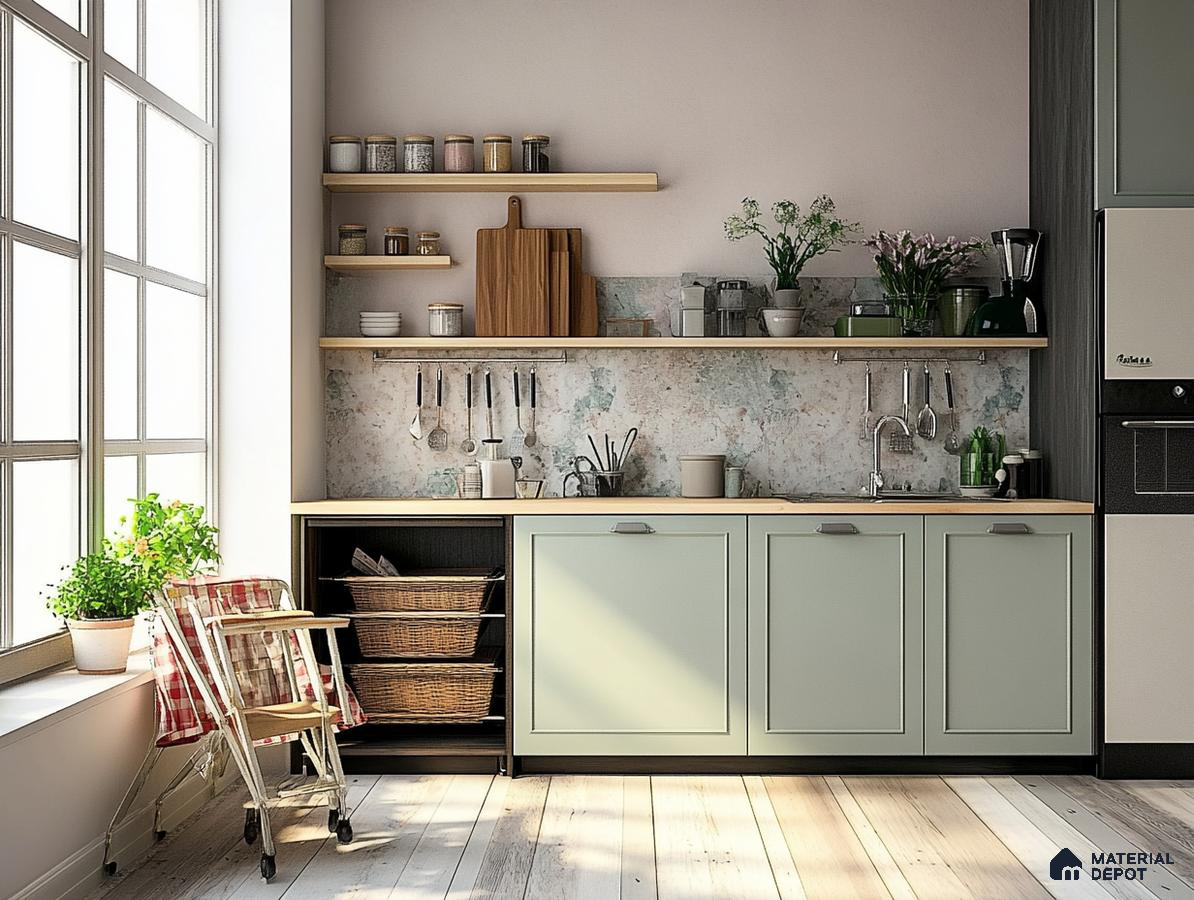 Vintage-Inspired Light-Filled Kitchen with Mint Cabinets and Rustic Shelving | Material Depot