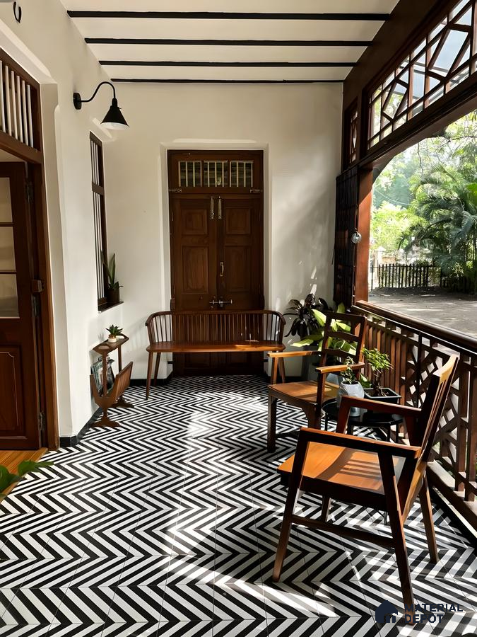 Vintage-Inspired Verandah with Black and White Herringbone Tiles | Material Depot