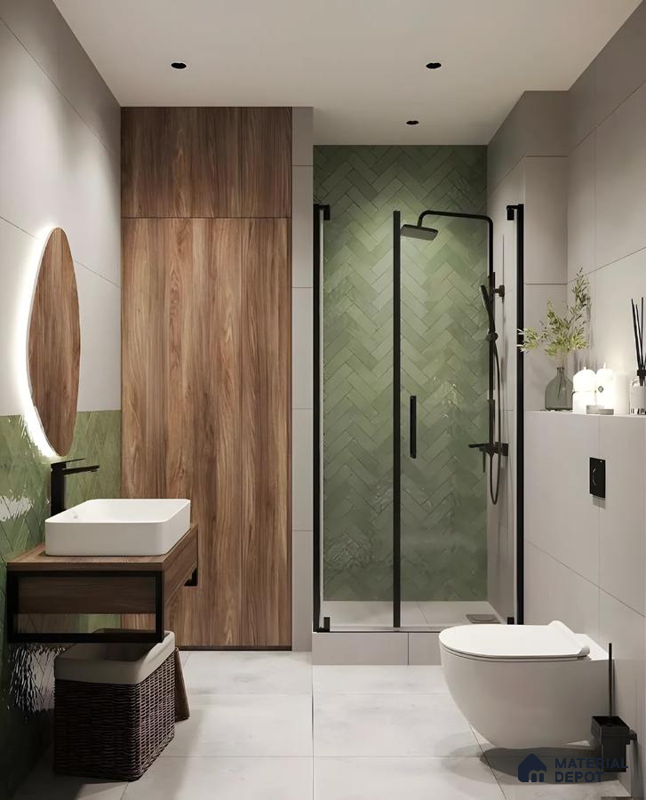 Walnut Vanity and Green Herringbone Tile Bathroom Design Brigade Orchards Devanahalli | Material Depot