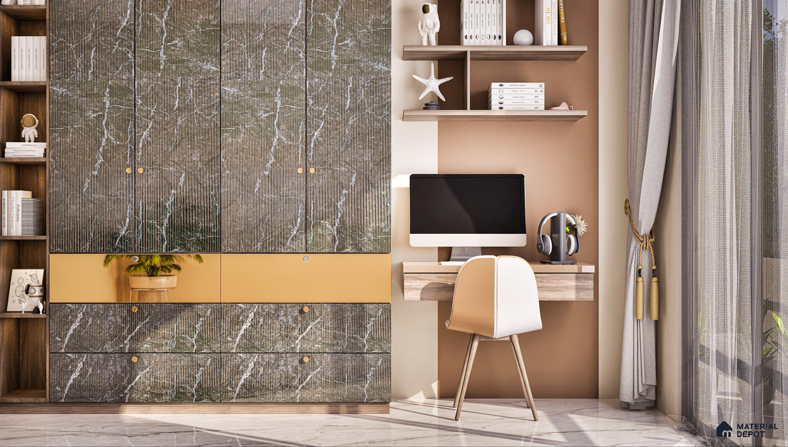 Wardrobe with Fluted Marble Storage and Minimalist Desk | Material Depot