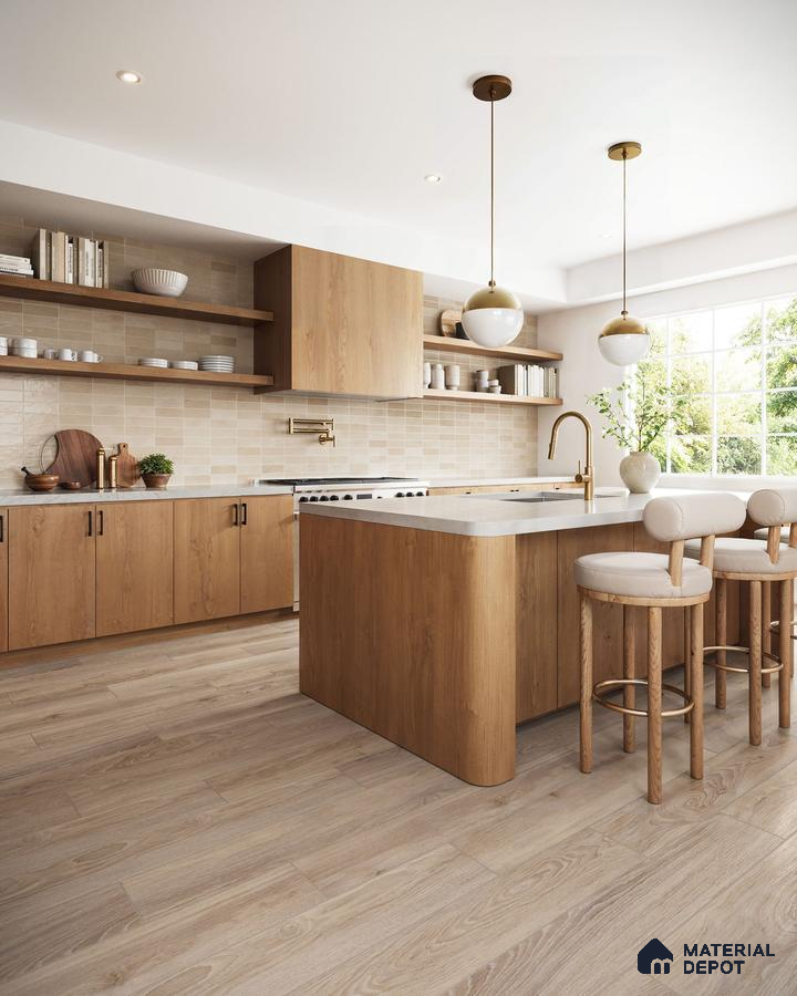 Warm and Inviting Modern Kitchen with Beige and Brown Tiled Backsplash and Wood Flooring | Material Depot
