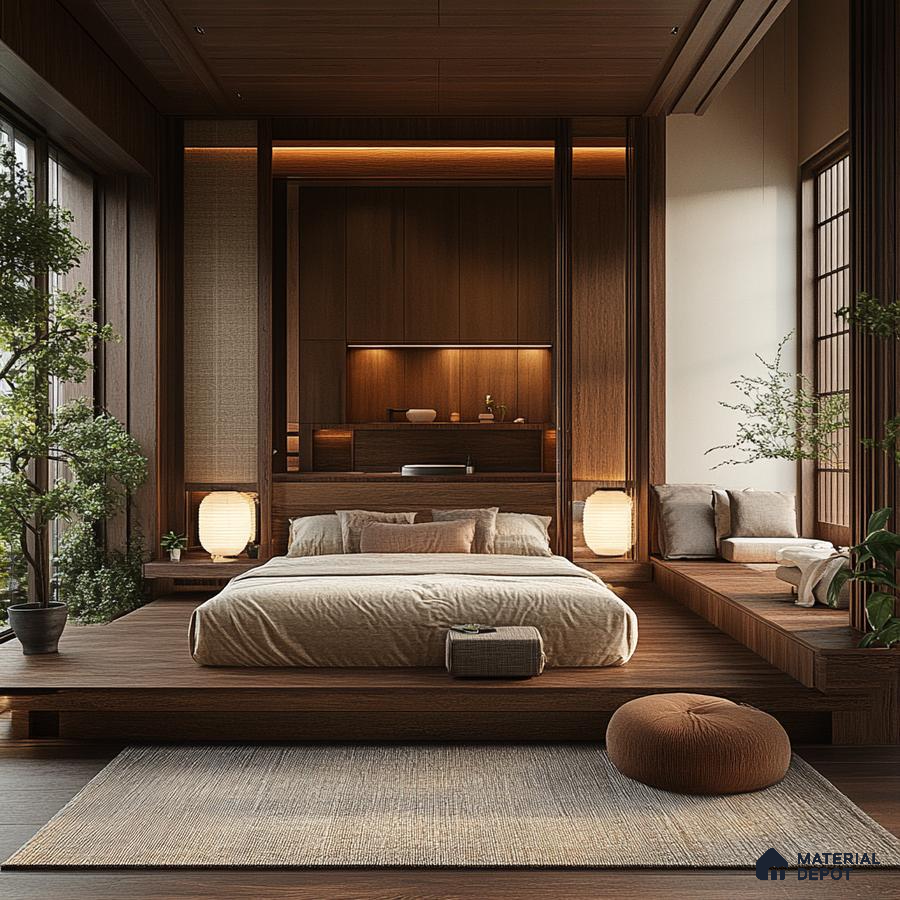 Warm and Modern Bedroom Design with Wood Accents and Indoor Plant Shriram Chirping Grove Sarjapur Road | Material Depot