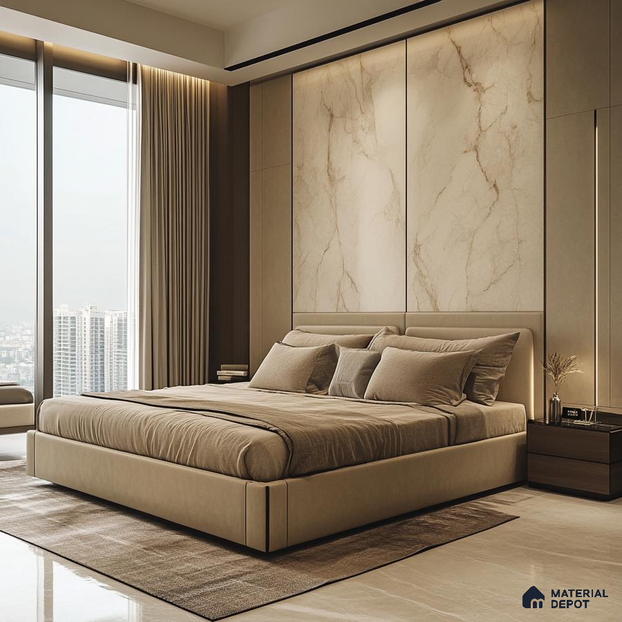 Warm and Modern Marble Bedroom Design with Grey Wall Panel Provident Capella Whitefield | Material Depot
