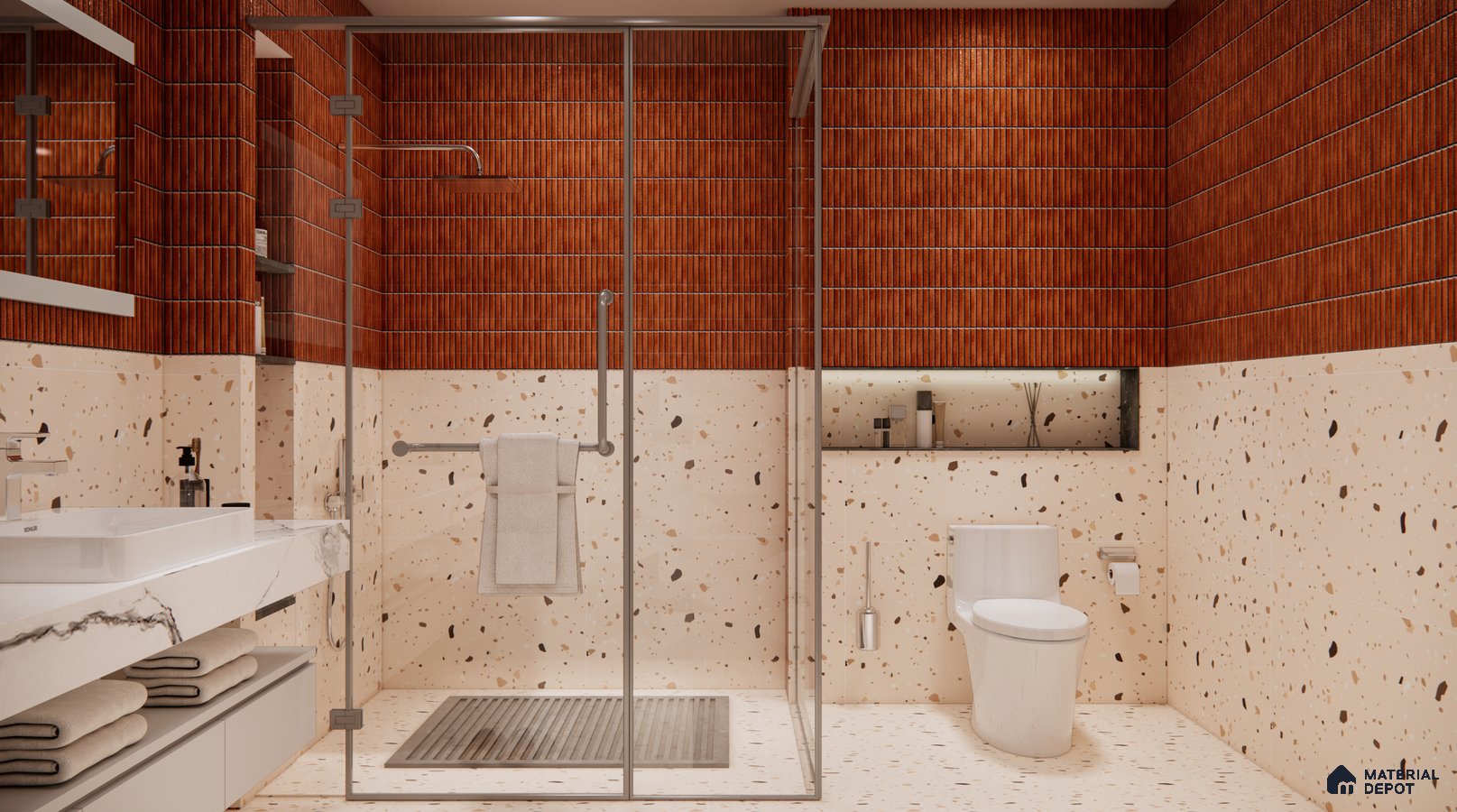 Warm Bathroom with Terracotta Tiles and Terrazzo Accents | Material Depot