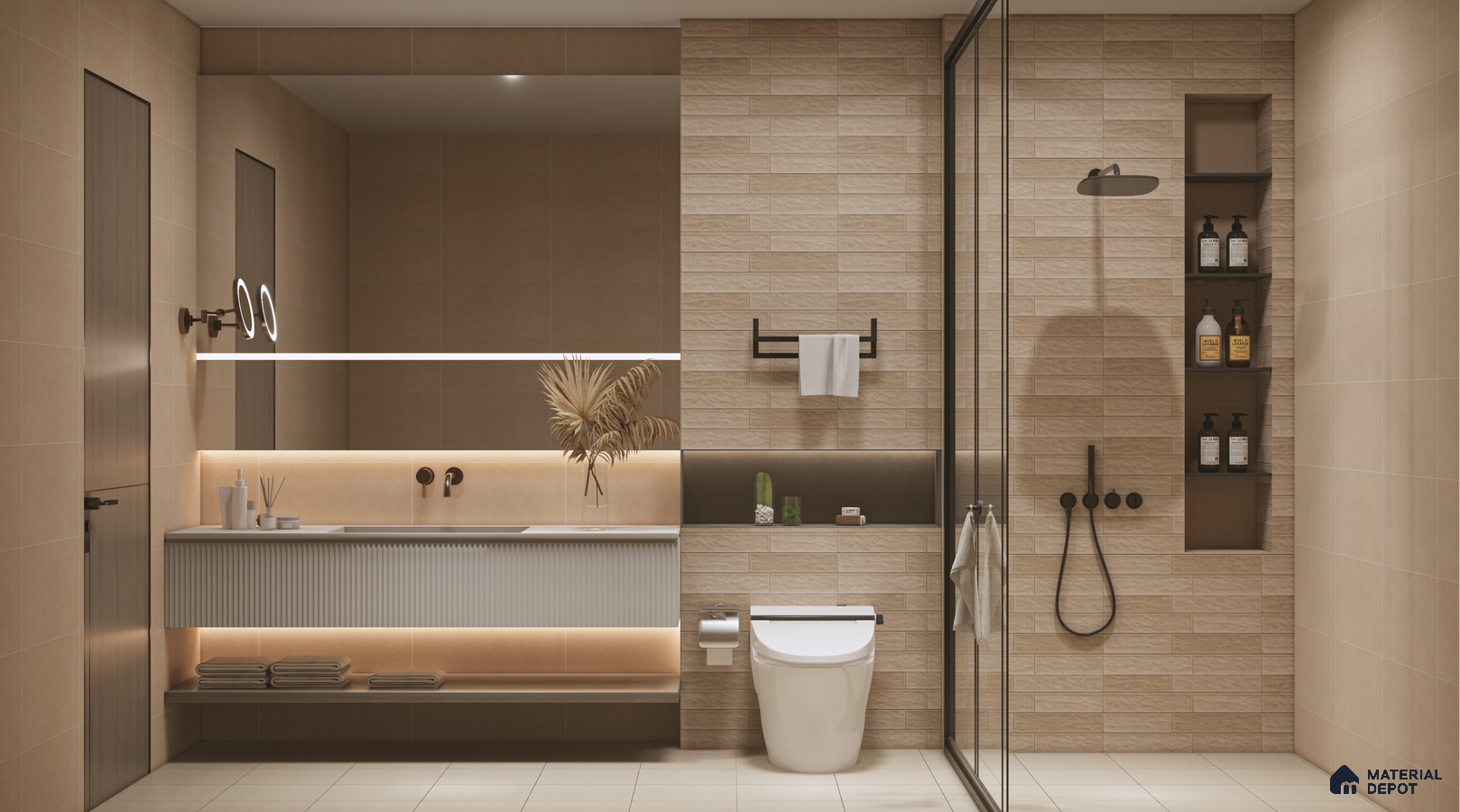 Warm Beige Bathroom with Brick-Style Textured Tiles | Material Depot