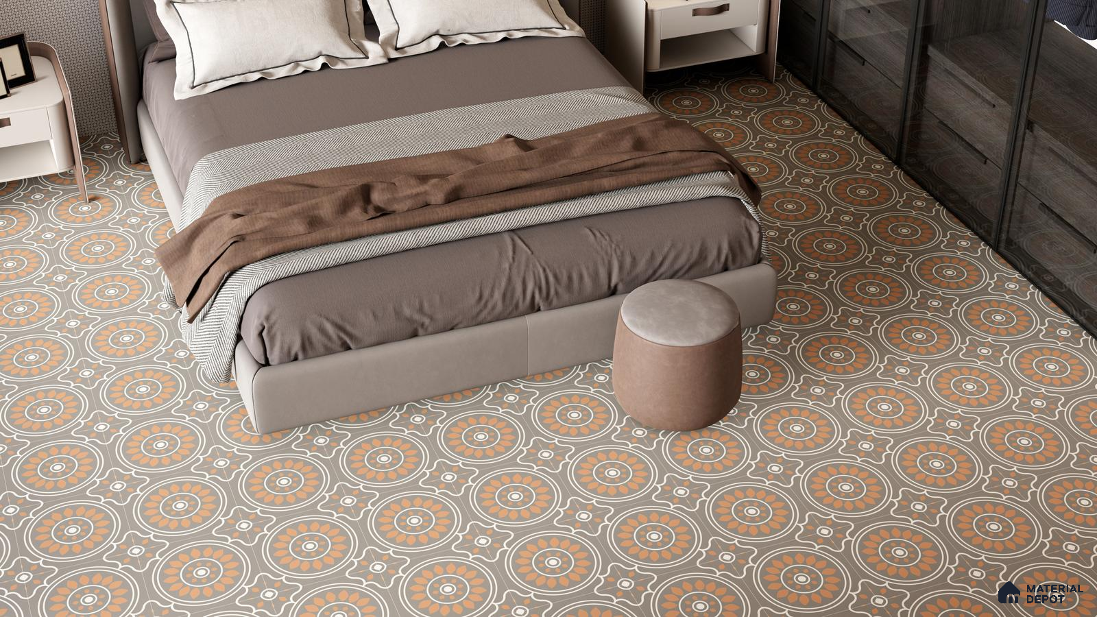 Warm Brown Bedroom with Traditional Circular Motif Floor Tiles | Material Depot