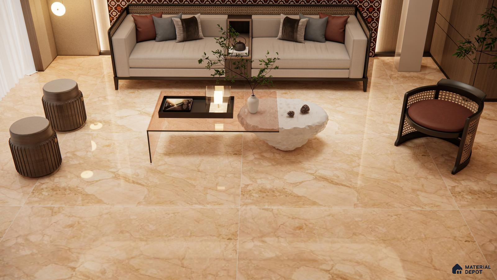 Warm Living Room with Beige Marble Look Tiles and Cane Accents | Material Depot