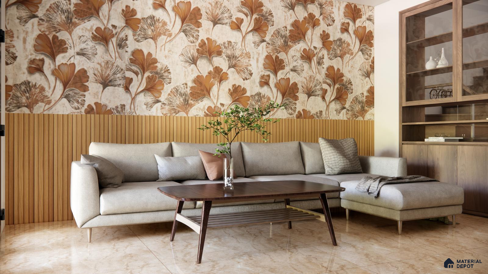 Warm Living Room with Leafy Floral Wall and Wooden Fluted Paneling | Material Depot