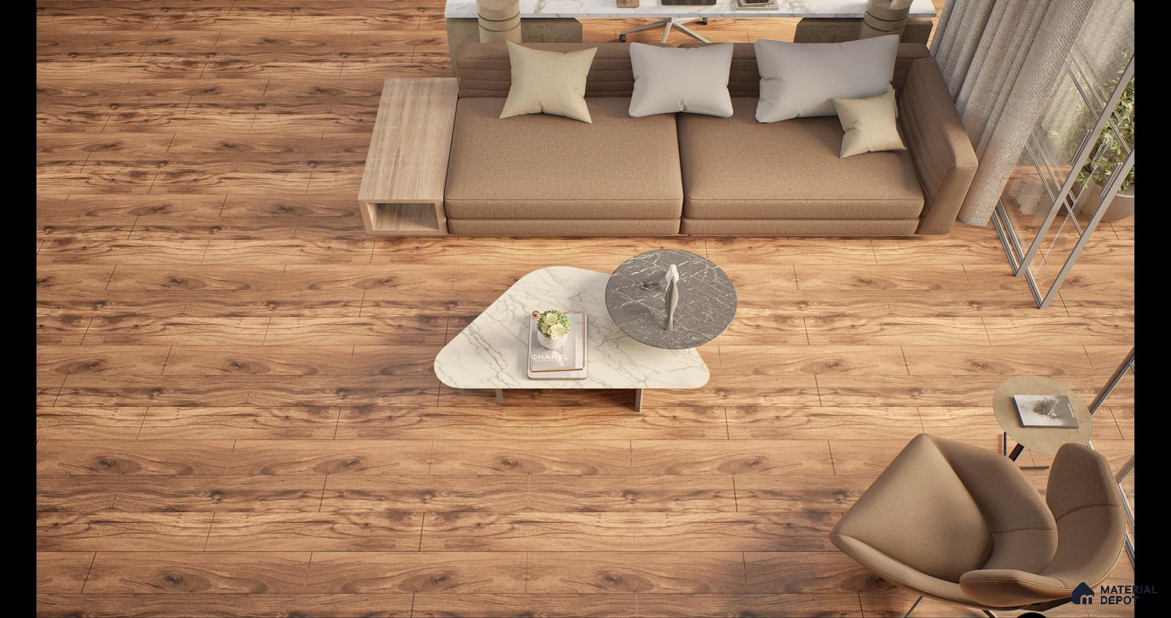 Warm Living Room with Natural Wood Flooring | Material Depot