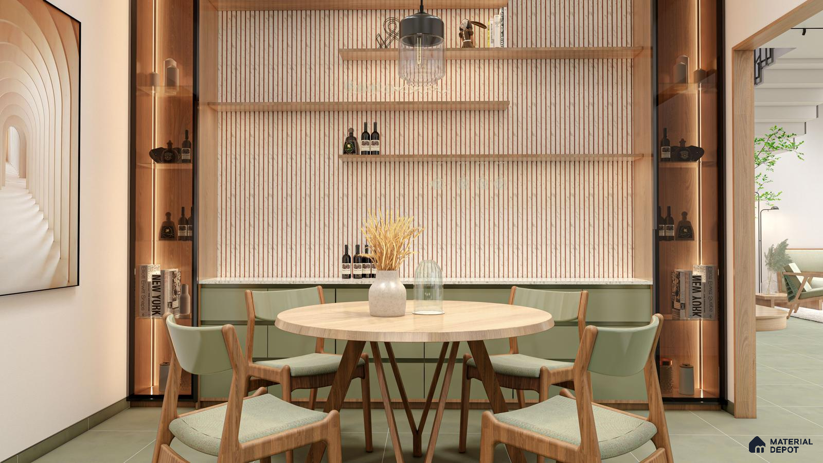 Warm Minimal Dining Area with White Marble-Look Fluted Panels and Sage Green Accents | Material Depot