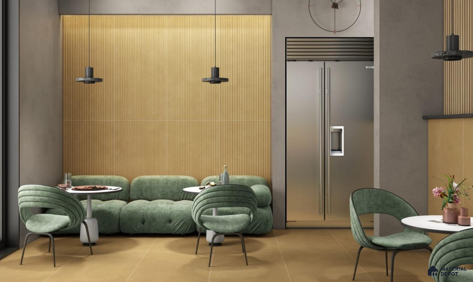 Warm Minimalist Café with Fluted Wooden Panels and Green Seating | Material Depot